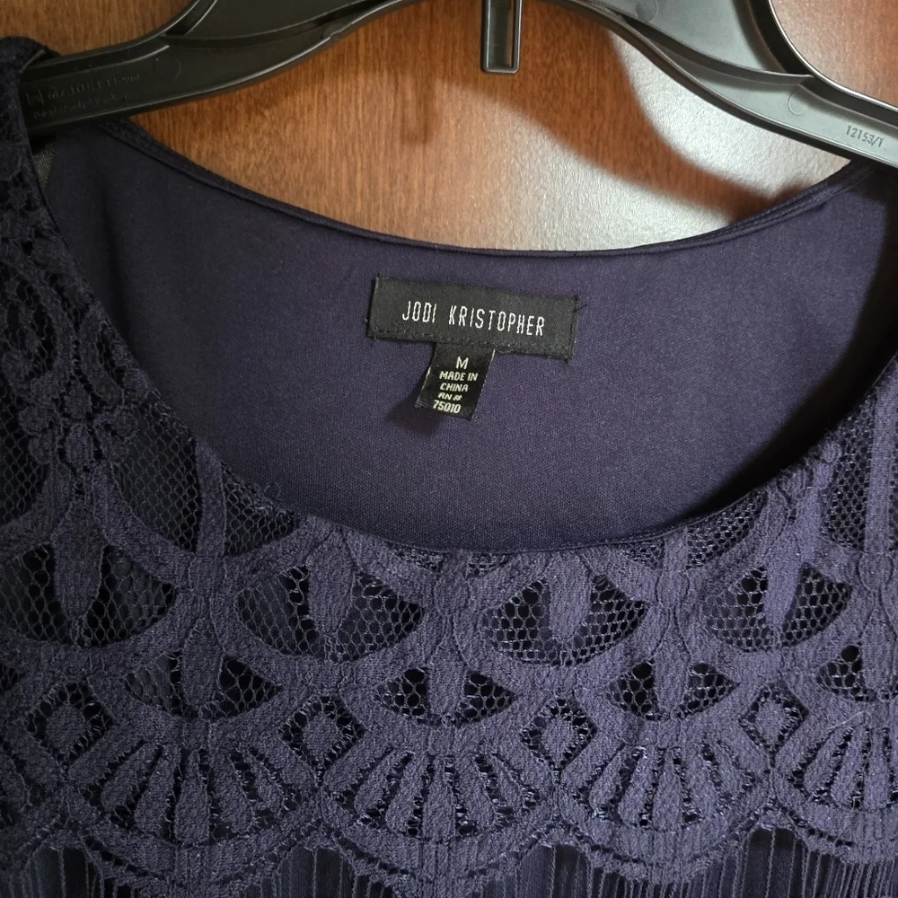 Jodi Kristopher Navy Blue Lace Long Sleeve Crew Neck Dress - Picture 3 of 5